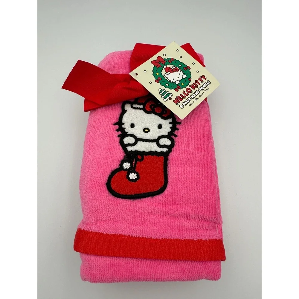 2 Pack HELLO KITTY Pink Hand Towels Christmas Holiday Stocking Embroidered NEW